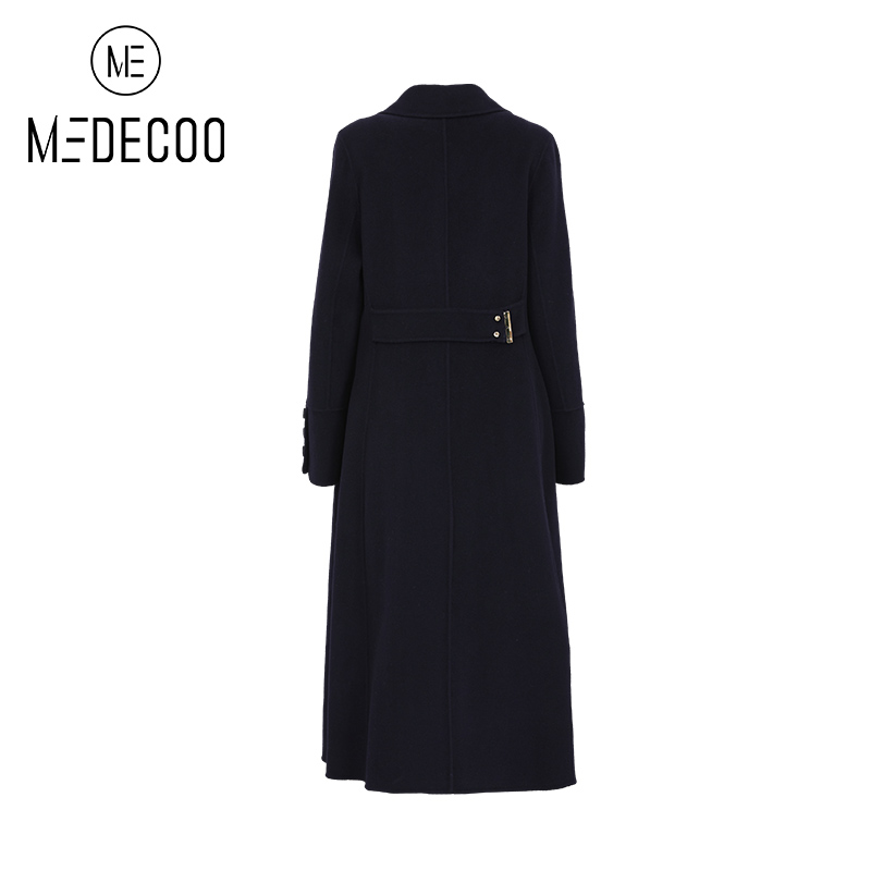 MEDECOO/墨蒂珂冬季新品 双排扣纯色长款羊绒大衣外套女MFD20363