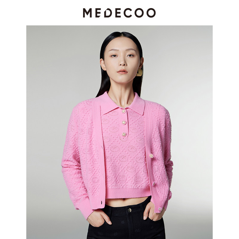 MEDECOO/墨蒂珂2024秋季新款 V领长袖提花羊毛针织开衫女MID40211,淘宝优惠券,粉丝福利购,淘宝优惠卷