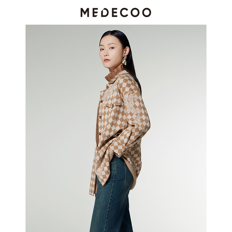 MEDECOO/墨蒂珂2024秋季新款格子印花衬衫式羊毛针织开衫MID40203,淘宝优惠券,粉丝福利购,淘宝优惠卷