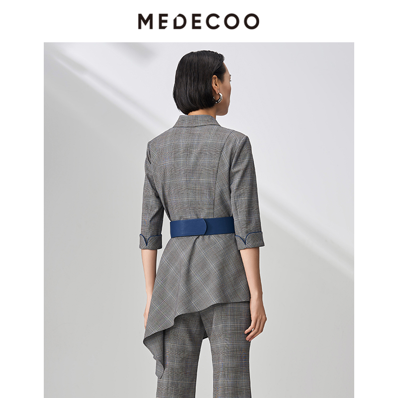 MEDECOO/墨蒂珂2023秋季新款不对称荡片格纹西装领外套女MHQ31121 - 图2