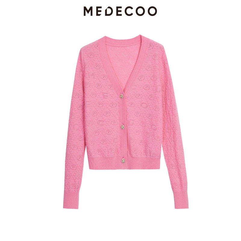 MEDECOO/墨蒂珂2024秋季新款 V领长袖提花羊毛针织开衫女MID40211,淘宝优惠券,粉丝福利购,淘宝优惠卷