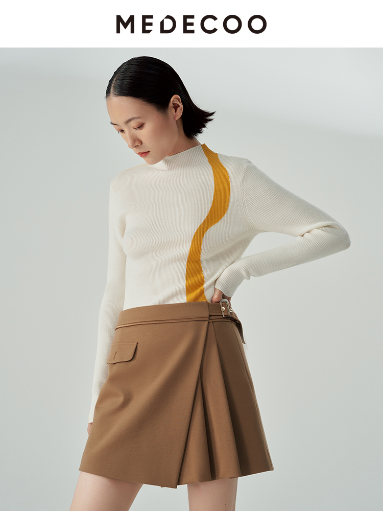 MEDECOO/墨蒂珂冬新款女装圆领撞色纯羊毛休闲针织衫MHD40316 - 图1
