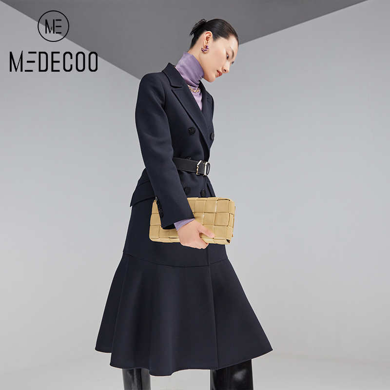 MEDECOO/墨蒂珂冬季新品修身系带鱼尾摆双排扣长款羊毛呢大衣外套 - 图2