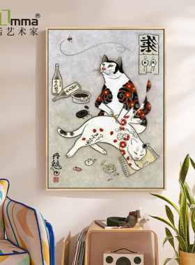 日式风武士猫墙面火锅餐厅挂画
