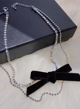 黑色丝绒蝴蝶结锁骨链新款网红