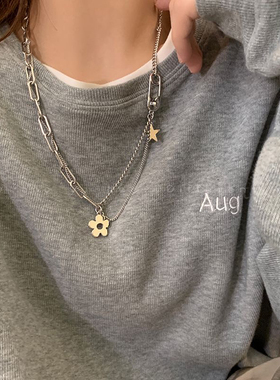 星星花朵拼接金属项链女秋冬个性甜酷毛衣链2023年新款设计感项链