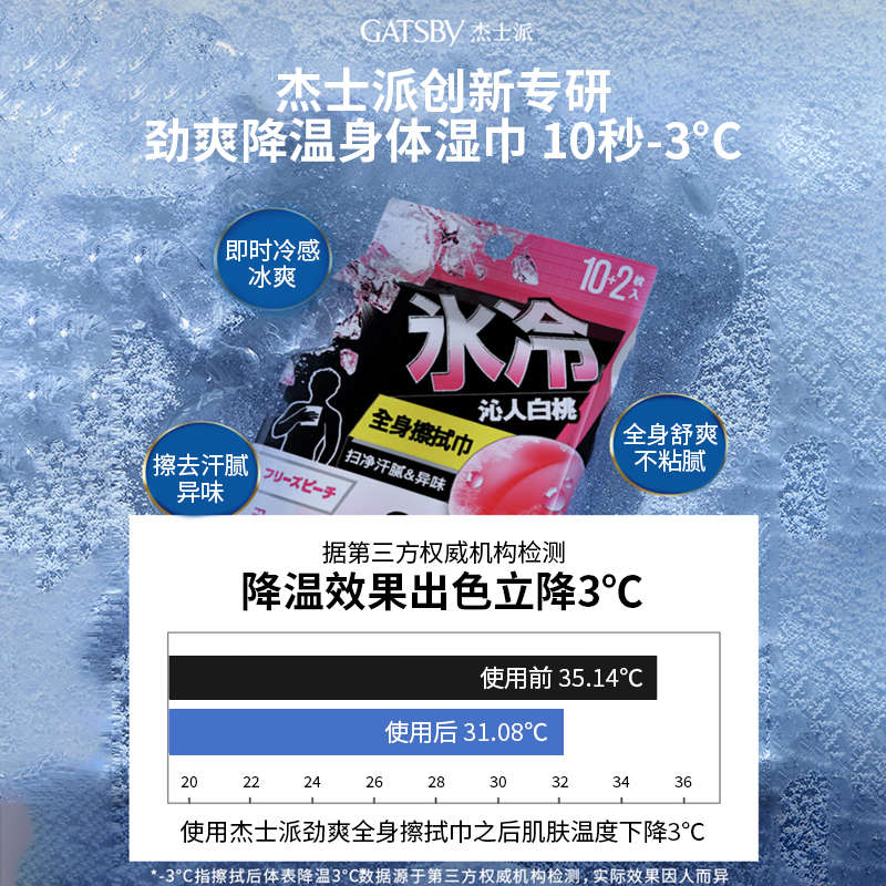 Gatsby杰士派清爽白桃香全身湿巾去除汗味提神持续冰爽降温湿纸巾