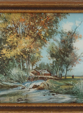 西洋收藏品 美国实木画框凸面镜玻璃风景装饰画 中古挂画装饰摆件