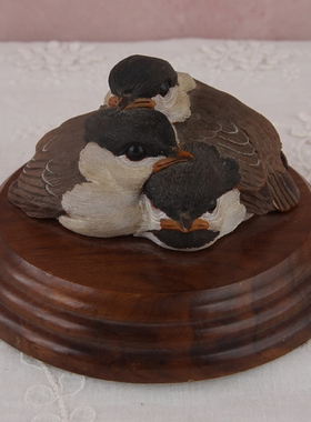 西洋收藏品意大利手工雕刻实木底座小鸟鸽子欧式复古石雕装饰摆件