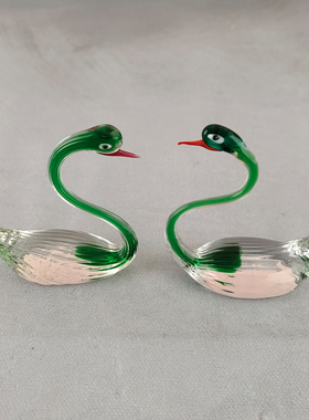西洋收藏品意大利手工制作水晶玻璃天鹅一对欧式居家装饰中古摆件