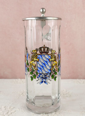 西洋收藏品 德国锡盖彩色图案玻璃啤酒杯 复古欧式居家装饰摆件