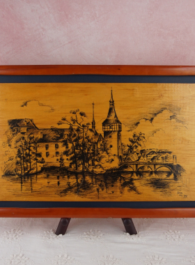 西洋收藏品 美国1973年手工制作木板水墨烫画 中古挂画装饰摆件