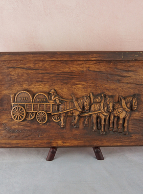 西洋收藏品 美国原创手工雕刻风景木板画 复古家居挂画装饰摆件