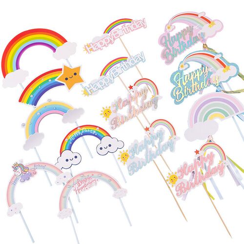 网红生日快乐云朵彩虹公主女神插件星星气球太阳儿童蛋糕装饰插旗 - 图3