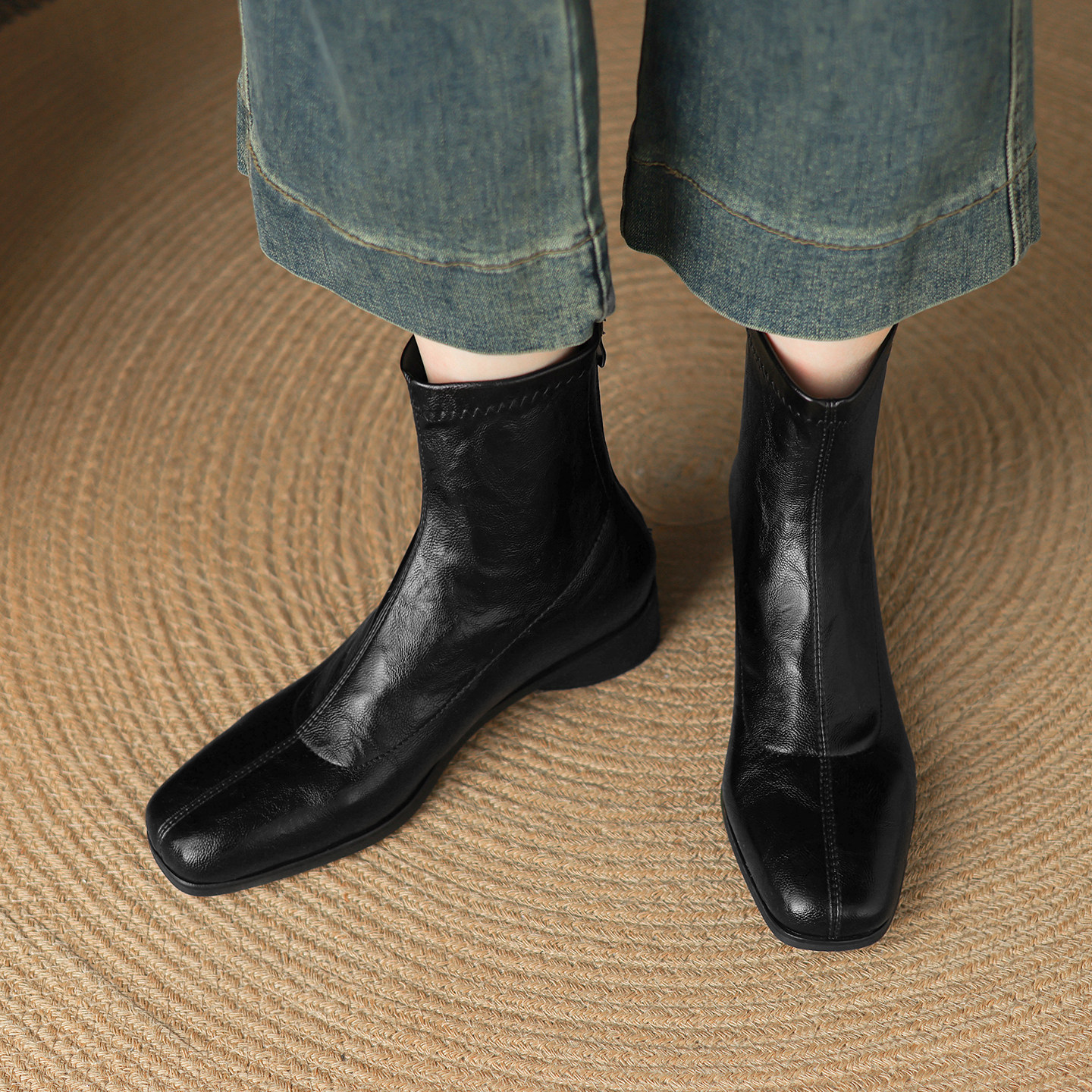 ladyblack粗中跟方头显瘦后拉链短靴女秋冬弹力复古大码单靴41-43,淘宝优惠券,粉丝福利购,淘宝优惠卷