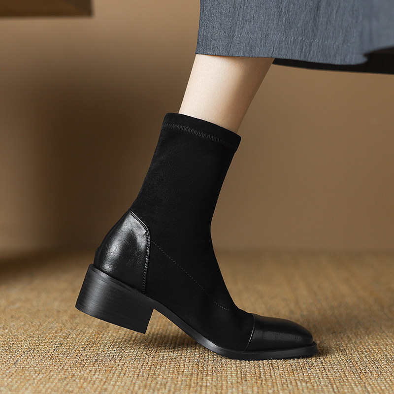 ladyblack方头拼接绒面弹力瘦瘦短靴女粗中跟套筒大码单靴子41-43,淘宝优惠券,粉丝福利购,淘宝优惠卷