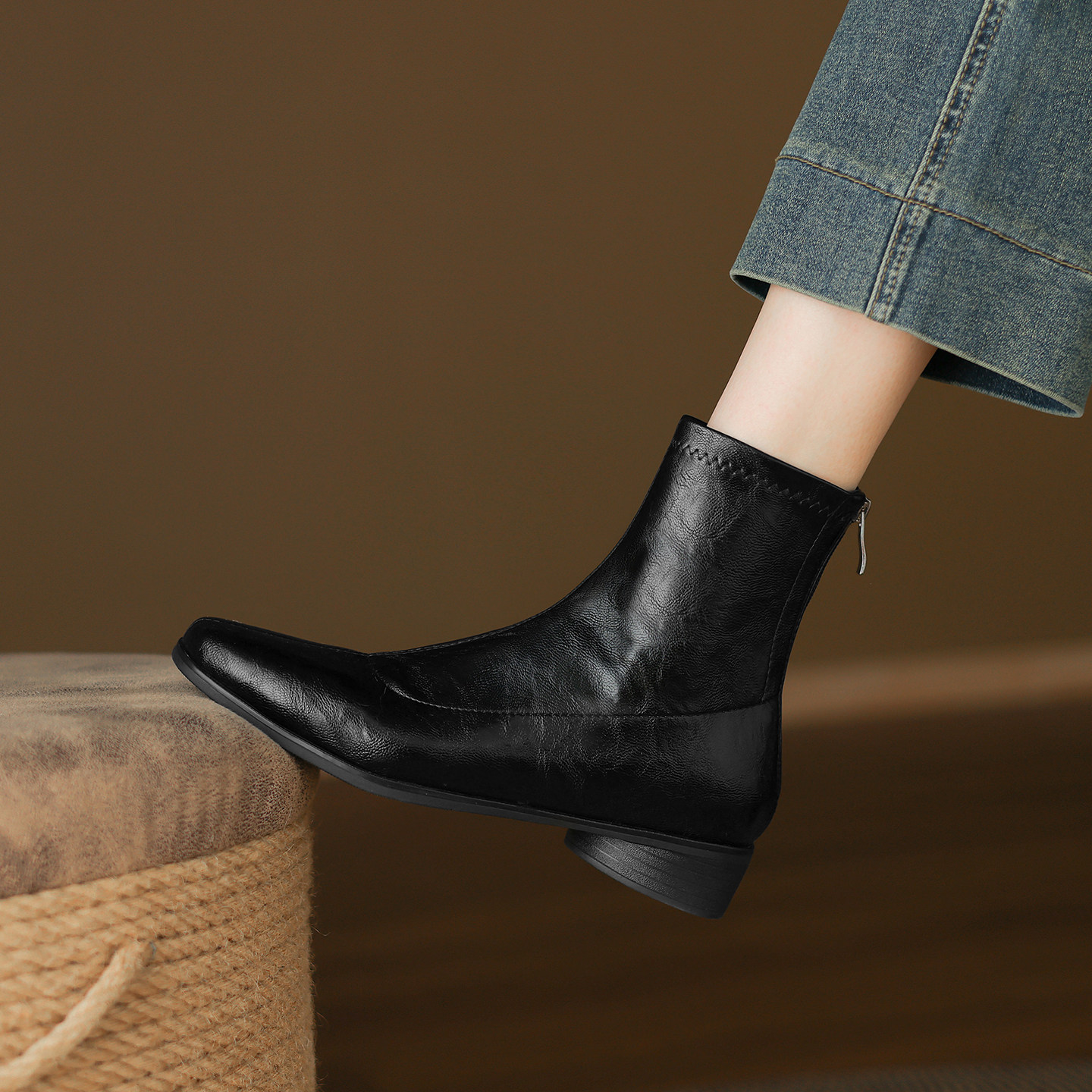 ladyblack粗中跟方头显瘦后拉链短靴女秋冬弹力复古大码单靴41-43,淘宝优惠券,粉丝福利购,淘宝优惠卷