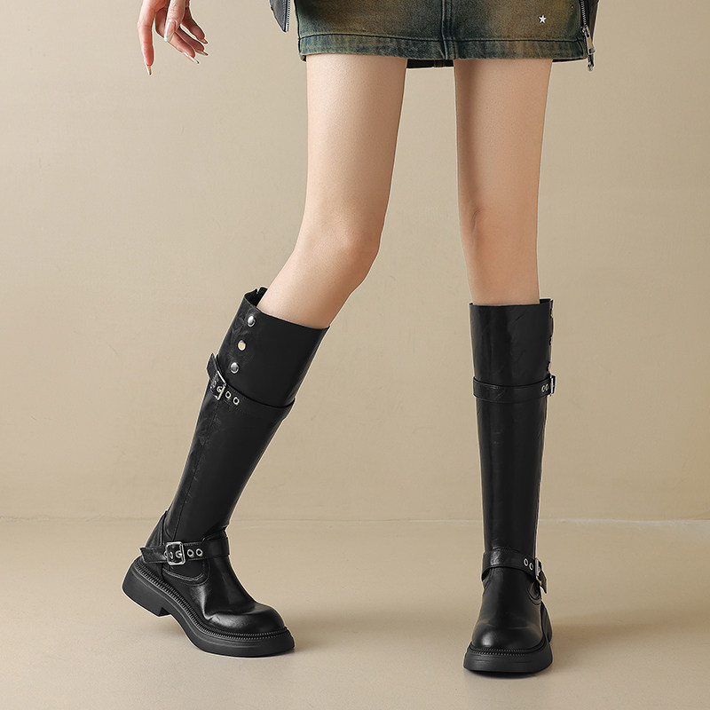 ladyblack厚底中跟后拉链皮带扣高筒骑士靴女秋冬大码长靴子41-43,淘宝优惠券,粉丝福利购,淘宝优惠卷