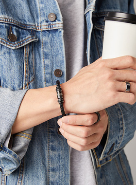 潮牌施家同款皮绳手链男黑色手环