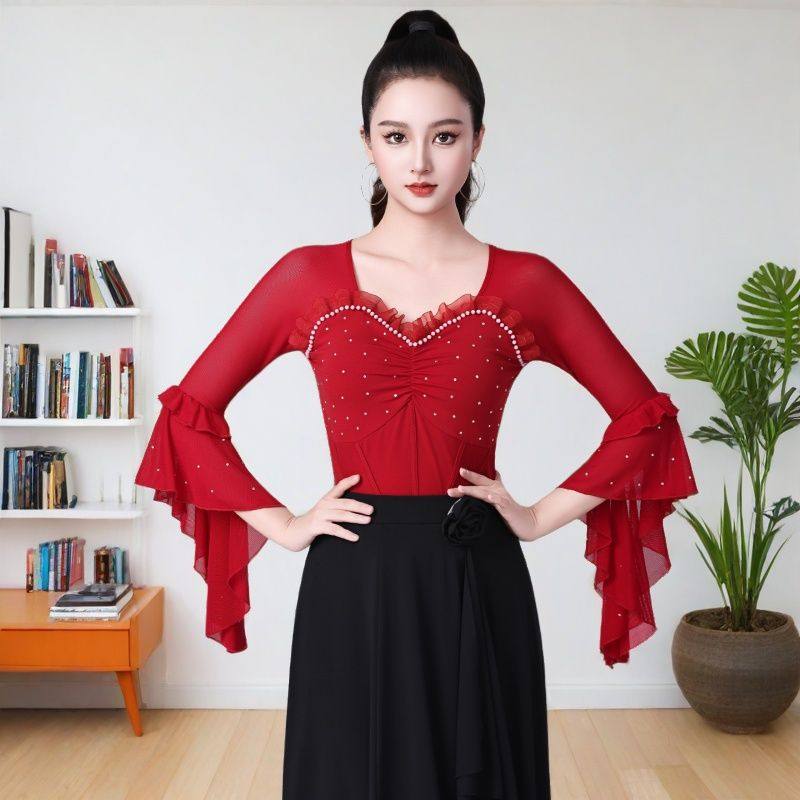 新款拉丁舞服上衣女喇叭袖广场舞服装女吉特巴三步彩网纱烫钻舞衣,淘宝优惠券,粉丝福利购,淘宝优惠卷