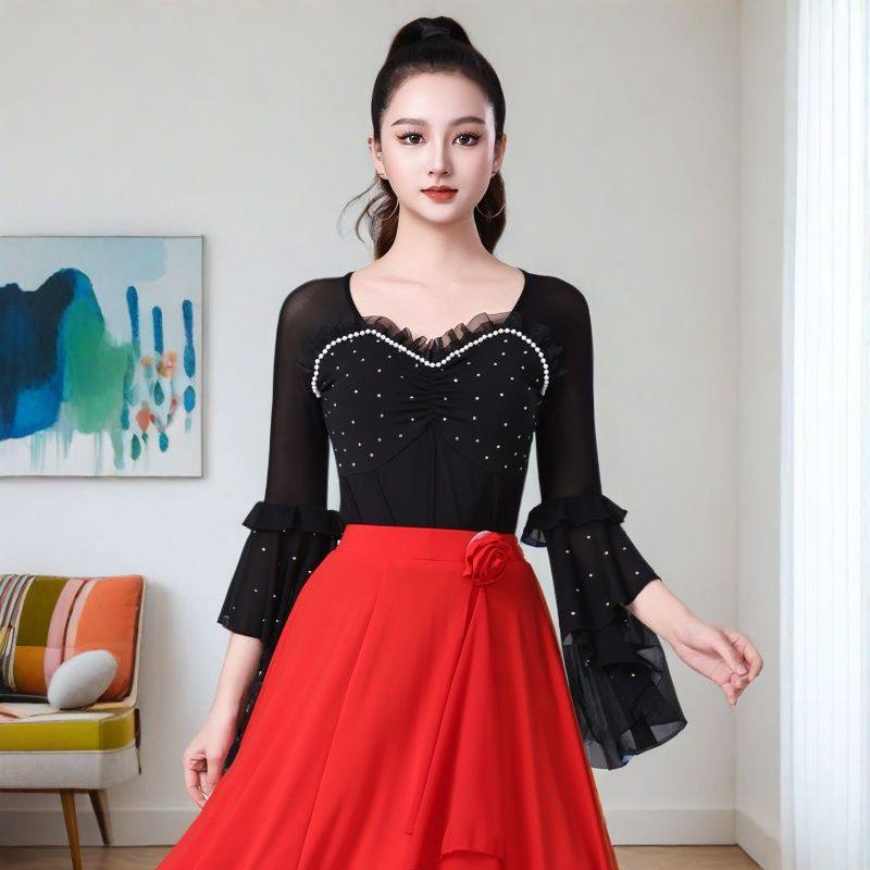 新款拉丁舞服上衣女喇叭袖广场舞服装女吉特巴三步彩网纱烫钻舞衣,淘宝优惠券,粉丝福利购,淘宝优惠卷