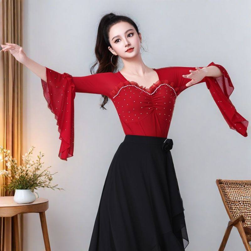 新款拉丁舞服上衣女喇叭袖广场舞服装女吉特巴三步彩网纱烫钻舞衣,淘宝优惠券,粉丝福利购,淘宝优惠卷