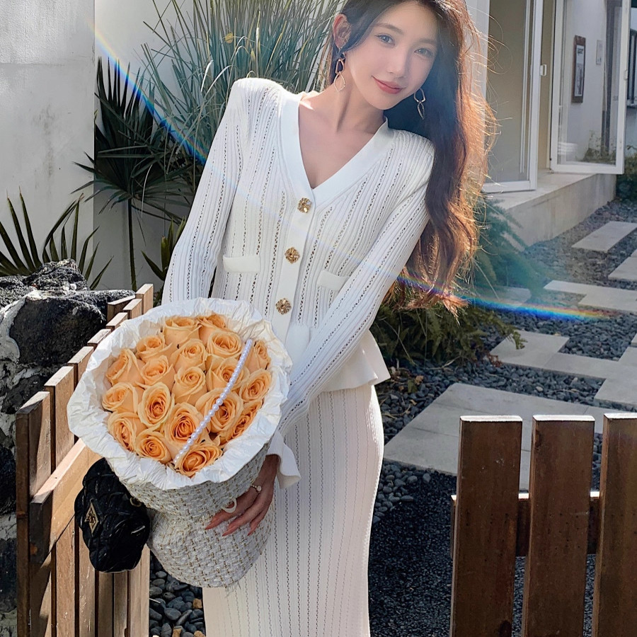 秋装新款女装温柔姐姐风性感镂空毛衣针织长裙长袖V领鱼尾连衣裙