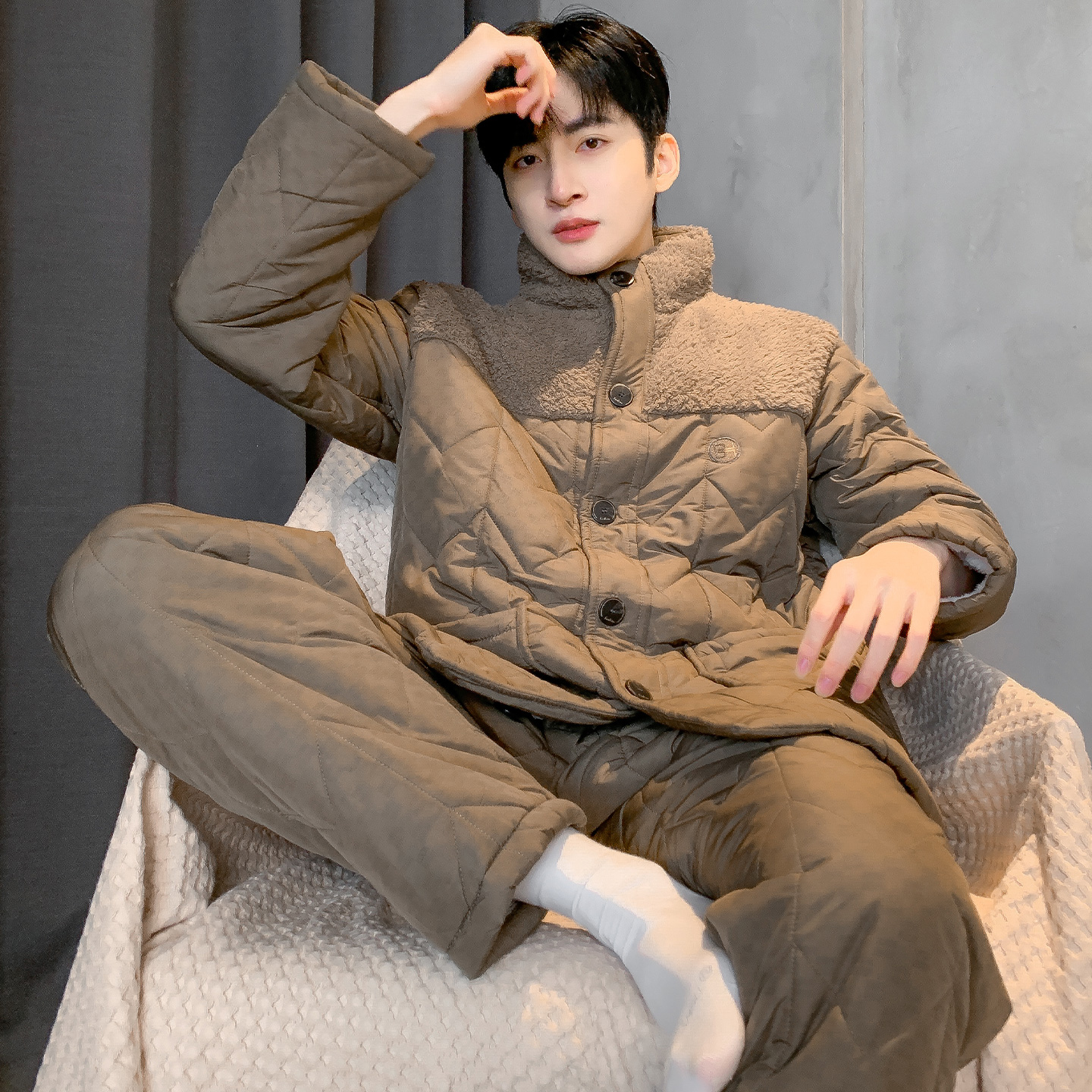 猫人睡衣男士冬季羽绒三层加厚夹棉加绒可外穿家居服大码保暖套装 - 图0