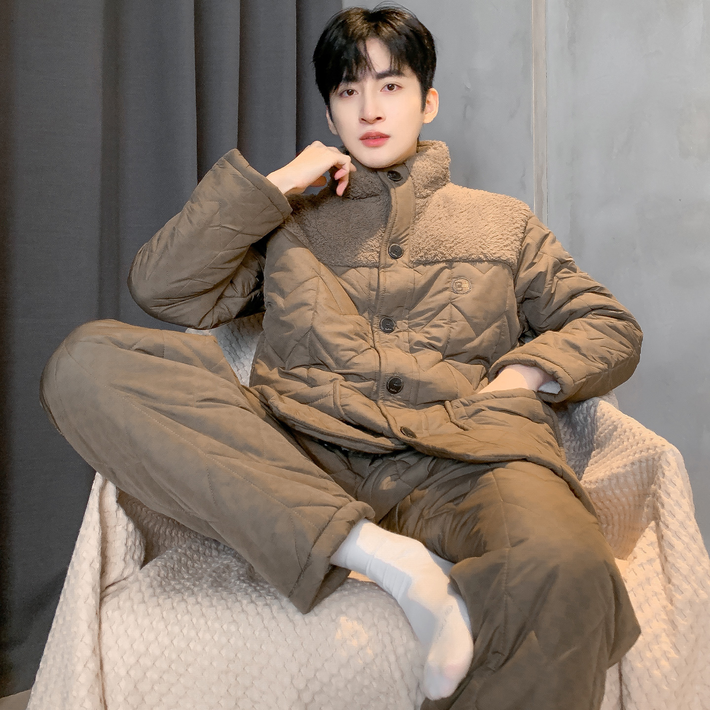 猫人睡衣男士冬季羽绒三层加厚夹棉加绒可外穿家居服大码保暖套装 - 图1