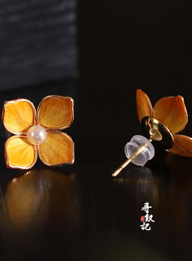 非遗绒花黄色四叶草新中式耳钉