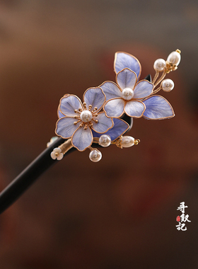 国风设计蚕丝绒花檀木发簪盘发汉服配头原创发簪饰品旗袍挽发发钗