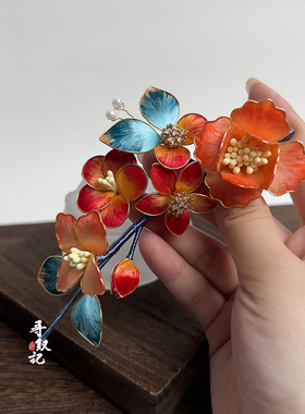 非遗手作绒花复古立体花朵发饰