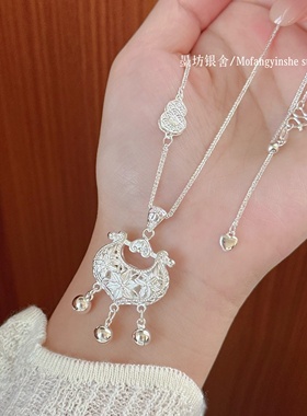 足银999花丝百合花银锁锁愿吊坠