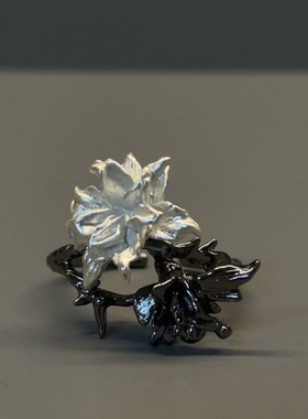 新款黑白双生花戒指女