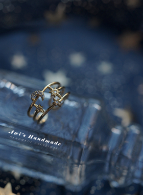 镀金日式星星月亮宇宙开口戒指