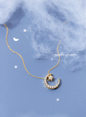 手作风月亮黑钻银镀金项链