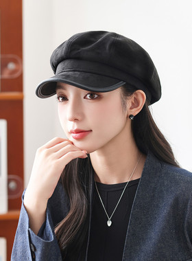 紫宝麂皮绒包边八角帽子女报童帽