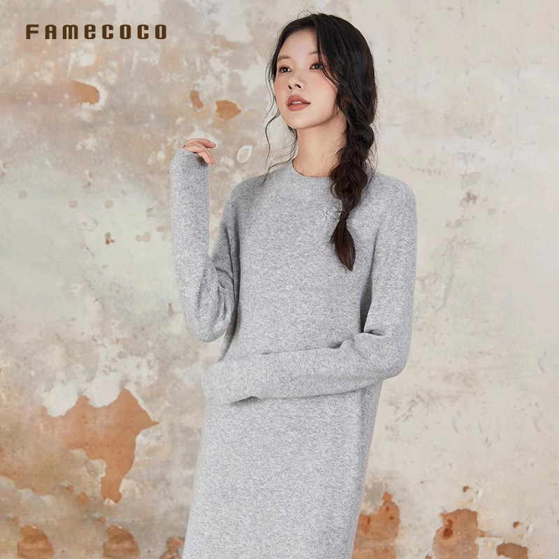 Famecoco范可儿温柔圆领针织长裙极简风修身羊毛连衣裙FAB6FA032 - 图2