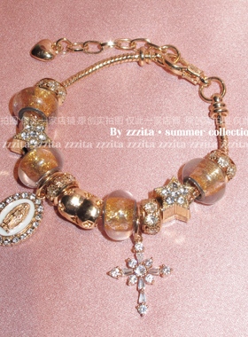 ZZZITA 狂野之旅·Wild Trip～复古棕咖色闪钻十字架手链小众手镯