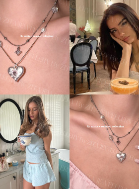 ZZZITA 韩女日记·Silver Heart～甜心粉钻拉丝银色爱心双层项链