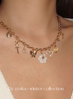 ZZZITA 贝芙丽的秘密～美式闪钻爱心花朵项链设计感锁骨链送礼物