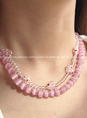ZZZITA趣味粉色猫眼石串珠项链