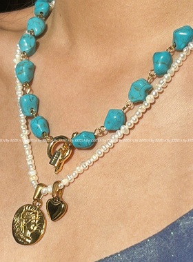 天然淡水珍珠绿松石ins镀金珍珠