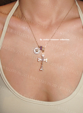ZZZITA 无畏之星·Fearless Heart～闪钻八芒星紫粉钻十字架项链
