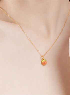 桃你喜欢 小桃子珐琅项链 女仙桃添福黄金纯银福字锁骨链寿桃礼物