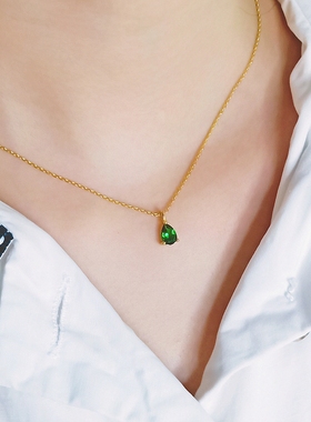 【绿酒】日本沙弗莱18K水滴项链 女轻奢黄金纯银祖母绿锁骨链吊坠