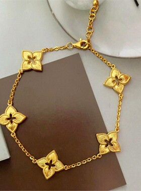 古法金布契拉丝四叶草手链 女轻奢纯银镀18K金花丝手镯高级感礼物