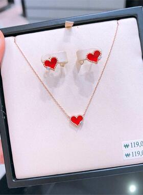 韩国18K金小红心项链 女纯银红色爱心锁骨链钻石心形圣诞礼物新年