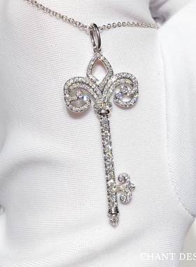 Т系满钻鸢尾花钥匙项链女玫瑰金燕尾花毛衣链长款纯银钻石锁骨链