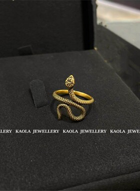 18K金古埃及黑金复古蛇圈戒指 纯银镀黄金色本命年生肖蛇男女礼物